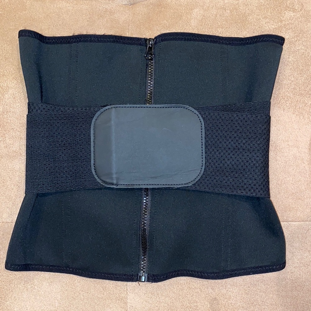 Black waist trainer with zip, hooks and velcro belt